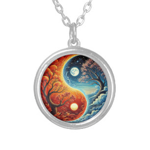 Intricate Yin-Yang Symbol Showcasing Fire, Water Silver Plated Necklace