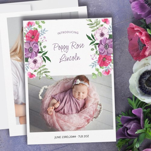 Introducing 2 Photo Purple Pink Flowers Birth Announcement