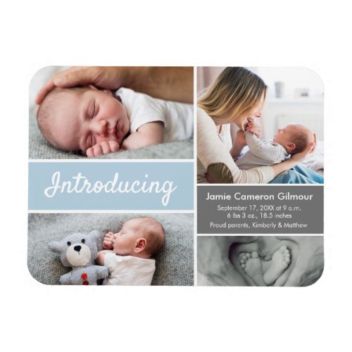 Introducing baby boy photo collage modern blue  magnet