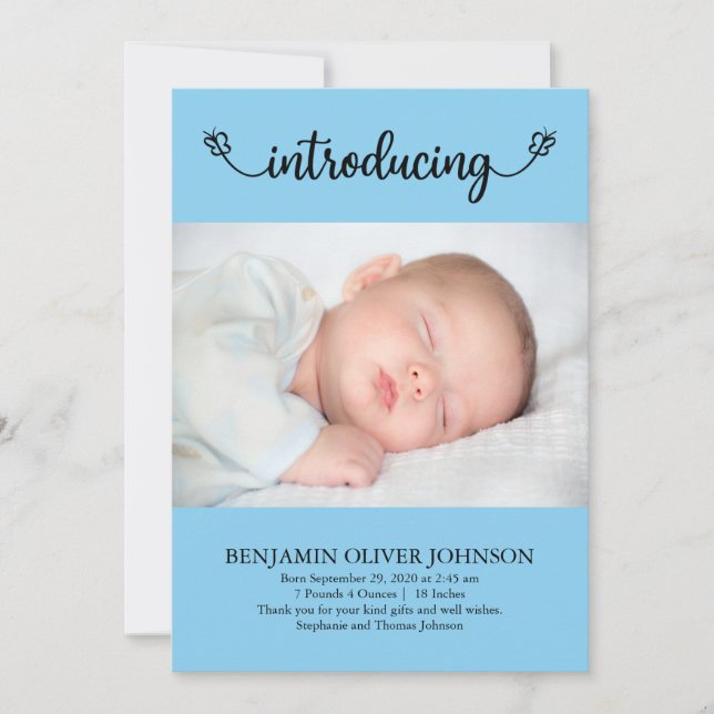 Introducing Baby Boy with Butterflies Blue Birth Announcement (Front)