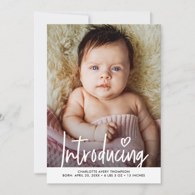  Introducing Baby Girl Photo modern heart script Thank You Card (Front)