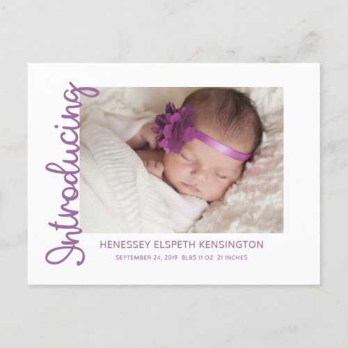 Introducing Baby Girl Sweet Lavender Photo Announcement Postcard