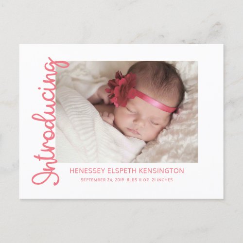 Introducing Baby Girl Sweet Pink Photo Announcement Postcard