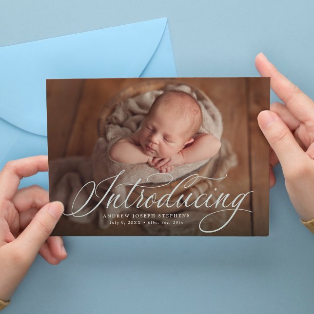 Introducing baby one photo elegant blue birth announcement (Creator Uploaded)