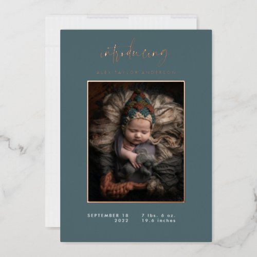 Introducing Baby Photo Modern Teal Birth Foil Invitation