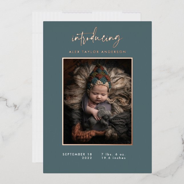 Introducing Baby Photo Modern Teal Birth Foil Invitation (Envelope)