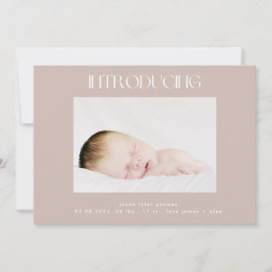 introducing beige simple minimal two photo baby announcement
