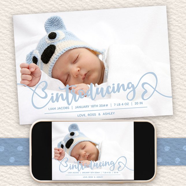 Introducing Blue Heart Script Baby Photo Birth Announcement (Introducing Baby Birth Announcement with message on the back)