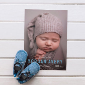 Introducing Blue Typography New Baby Photo Announcement by Paperpaperpaper at Zazzle