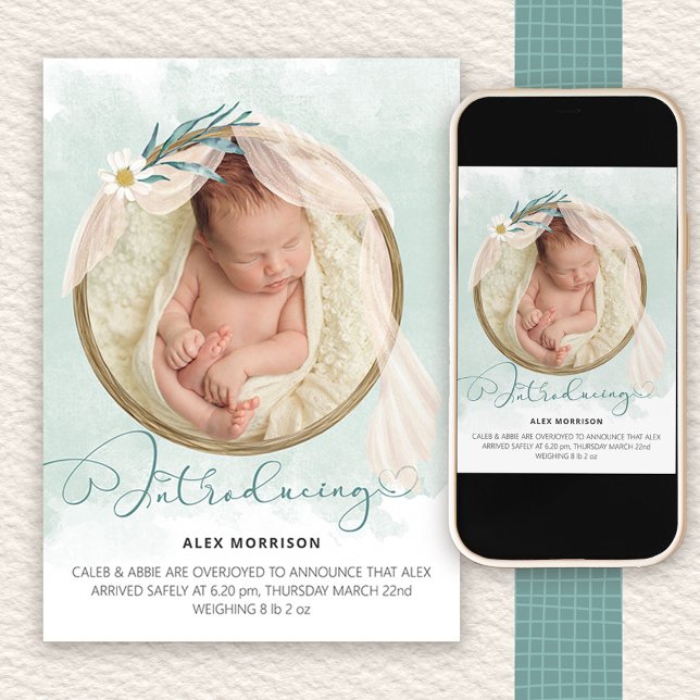 Introducing Boho Photo Frame Green Wash Birth Announcement (Photo birth announcement introducing your new baby)