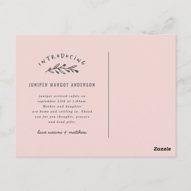 Introducing branch photo birth announcement postcard (Back)