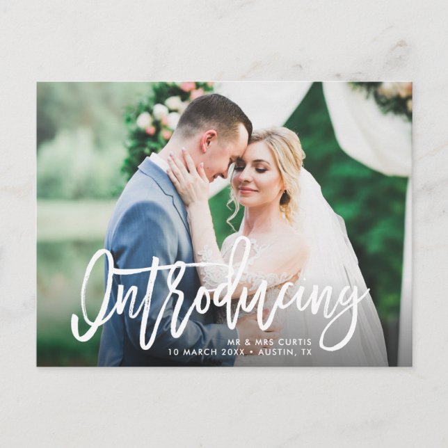 Introducing | brush script wedding Announcement Postcard (Front)