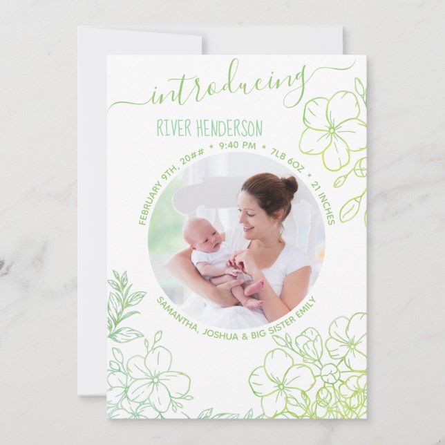 Introducing Delicate Botanical Photo Birth Announcement (Front)