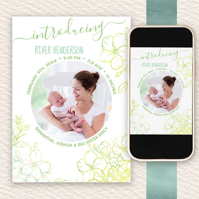 Introducing Delicate Botanical Photo Birth Announcement (Photo birth announcement to order printed or as a printable digital download)