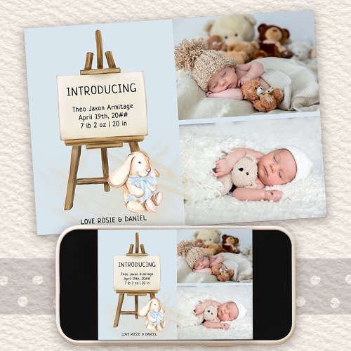 Introducing Easel and Bunny 2 Photo Baby Boy Birth Announcement