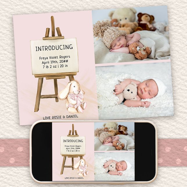 Introducing Easel & Bunny 2 Photo Baby Girl Birth Announcement (Photo Birth Announcement with cute bunny design. Buy printed or as printable digital download)