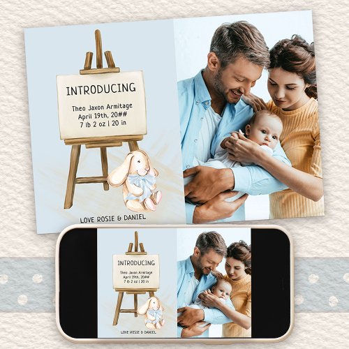 Introducing Easel  Bunny Photo Baby Boy Birth Announcement