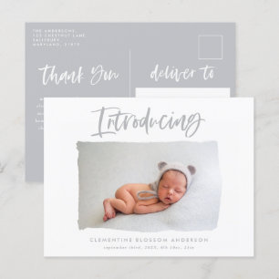 Introducing elegant minimal thank you photo announcement postcard