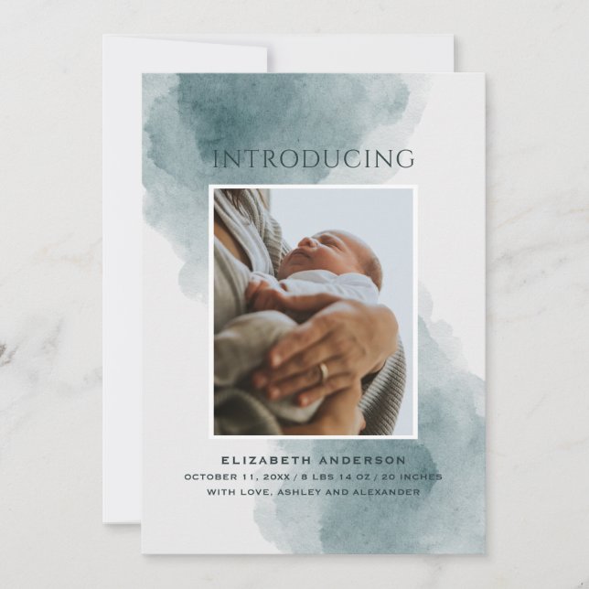 Introducing. Elegant watercolor blue baby birth Announcement (Front)