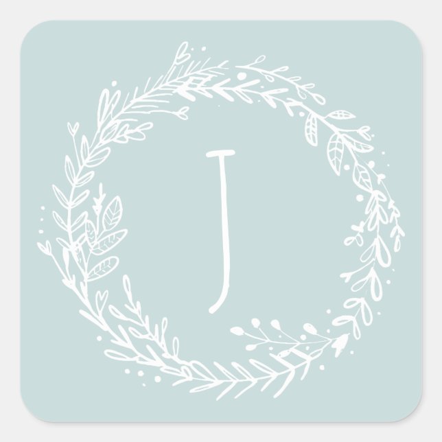 Introducing floral wreath initial name square sticker (Front)