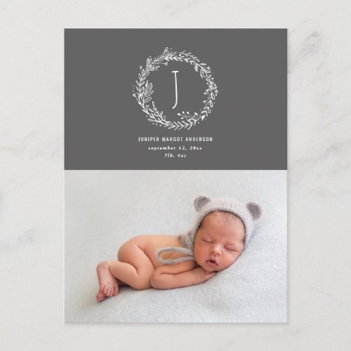 Introducing floral wreath photo birth announcement postcard