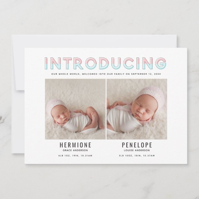 Introducing graphic modern twin birth announcement (Front)