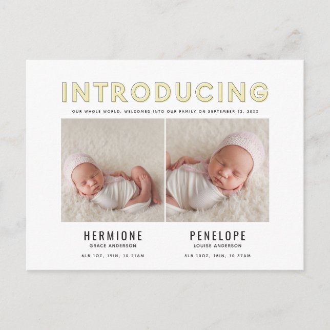 Introducing graphic modern twin birth announcement (Front)