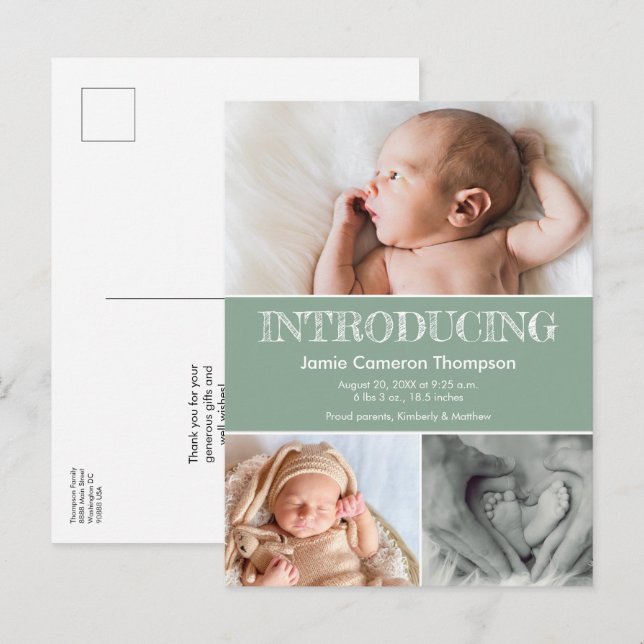  Introducing Green Baby Photos Birth Announcement (Front/Back)