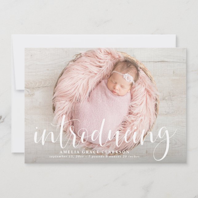 Introducing Handwritten Script Overlay Photo Birth Announcement (Front)