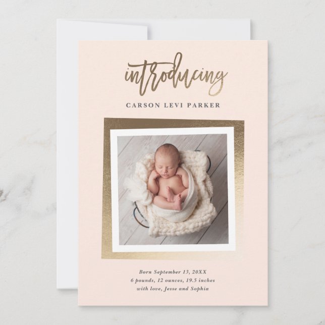 Introducing Modern Gold Script Baby Photo Birth Announcement (Front)
