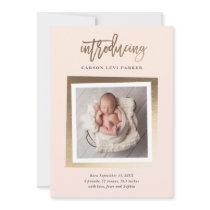 Introducing Modern Gold Script Baby Photo Birth Announcement