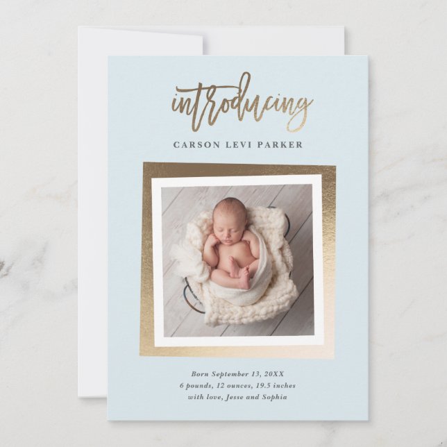 Introducing Modern Gold Script Baby Photo Birth Announcement (Front)