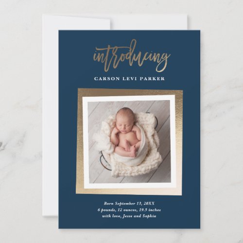 Introducing Modern Gold Script Baby Photo Birth Announcement