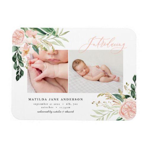 Introducing multi photo blush pink floral birth an magnet