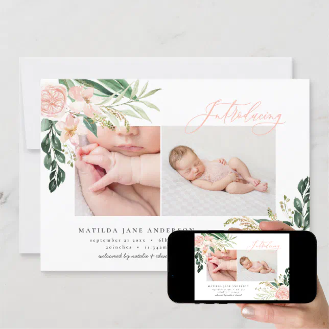 Introducing Multi Photo Blush Pink Floral Birth Announcement 