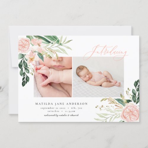 Introducing multi photo blush pink floral birth announcement