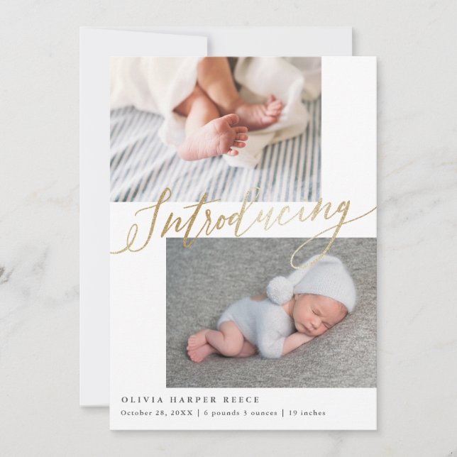 Introducing Multi Photo Gold Script Birth Announcement (Front)