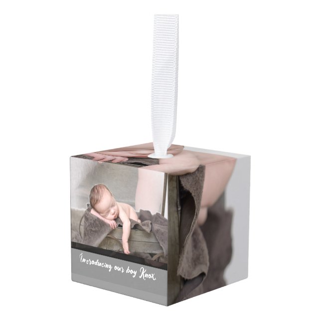 Introducing our boy, Name Baby Photo Cube Ornament (Front Angled)