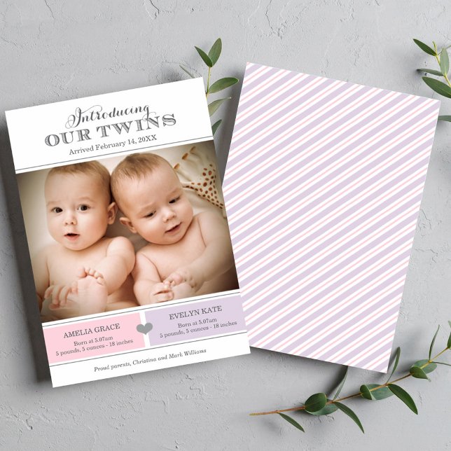 Introducing Our Twin Girls Pink Purple Photo Birth Announcement (Creator Uploaded)