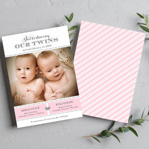 Introducing Our Twins Girls Pink Photo Birth Announcement