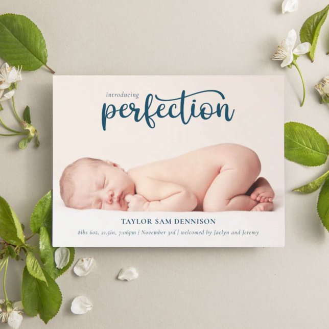 Introducing Perfection Simple Script Photo Birth Announcement (Creator Uploaded)