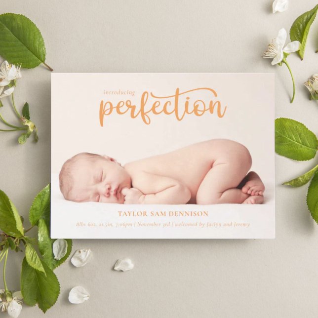 Introducing Perfection Simple Script Photo Birth Announcement (Creator Uploaded)
