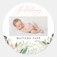 Introducing photo blush floral birth announcement