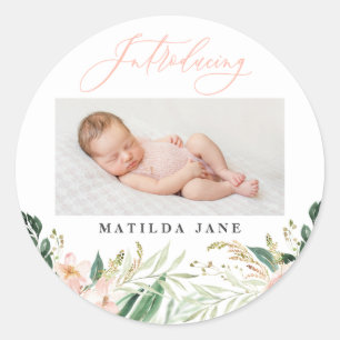 Introducing photo blush floral birth announcement classic round sticker