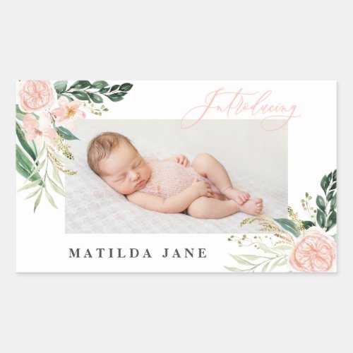 Introducing photo blush floral birth announcement rectangular sticker