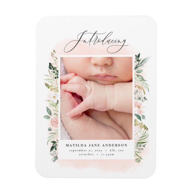 Introducing photo blush pink floral birth announce magnet (Vertical)