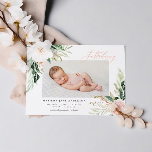 Introducing photo blush pink floral birth announcement