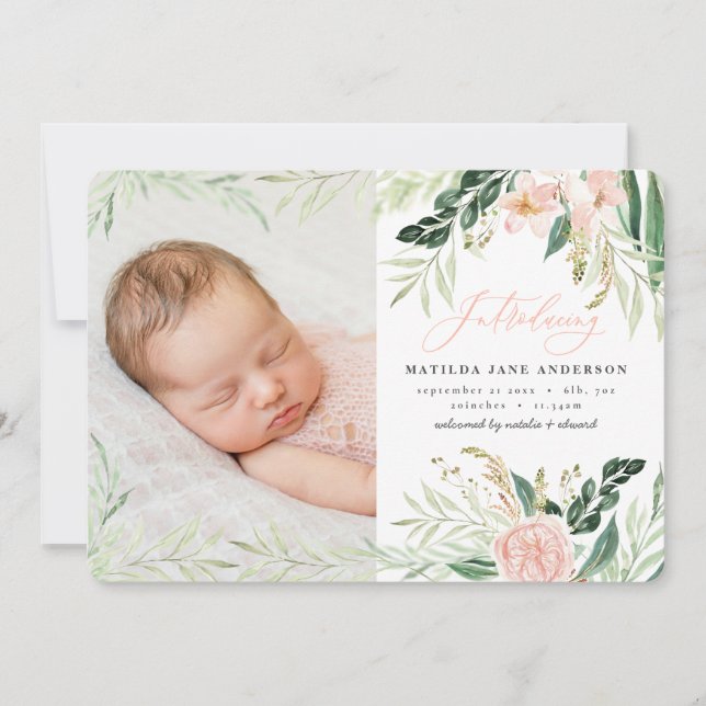 Introducing photo blush pink floral birth announcement (Front)