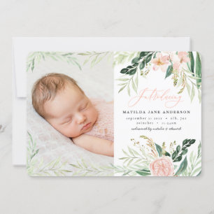 Introducing photo blush pink floral birth announcement
