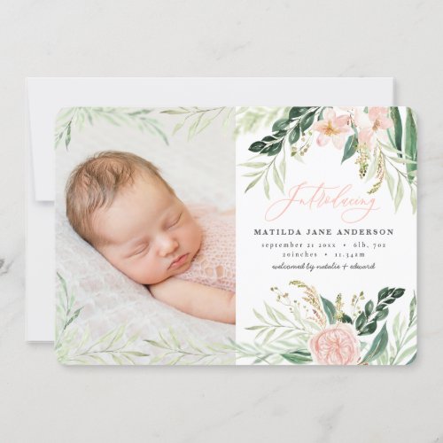 Introducing photo blush pink floral birth announcement